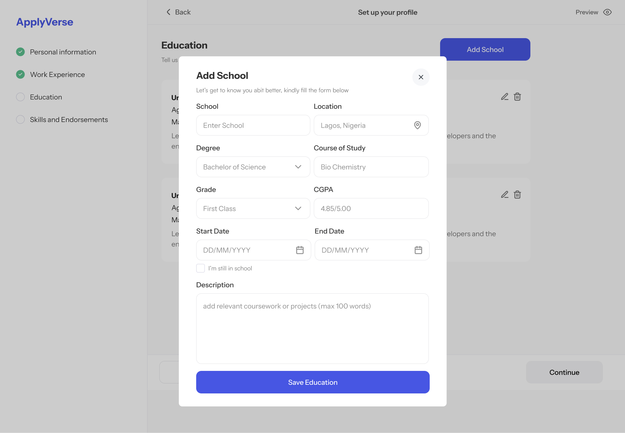 Work history, education and skills — in clean modals – 4