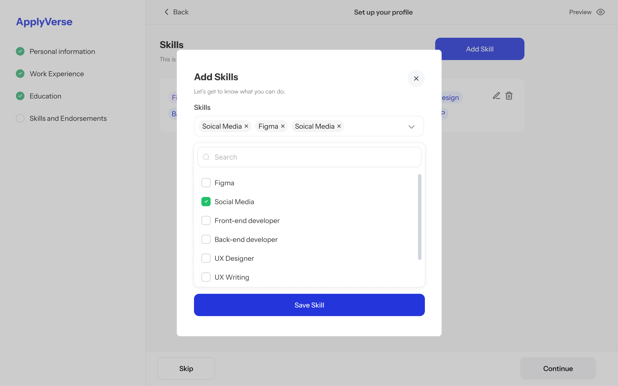 Work history, education and skills — in clean modals – 6