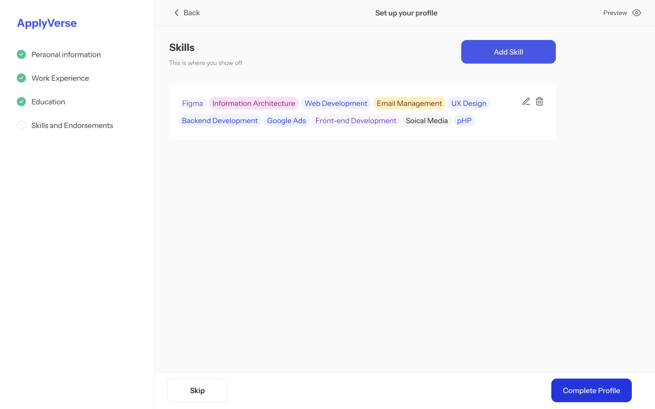 Work history, education and skills — in clean modals – 5