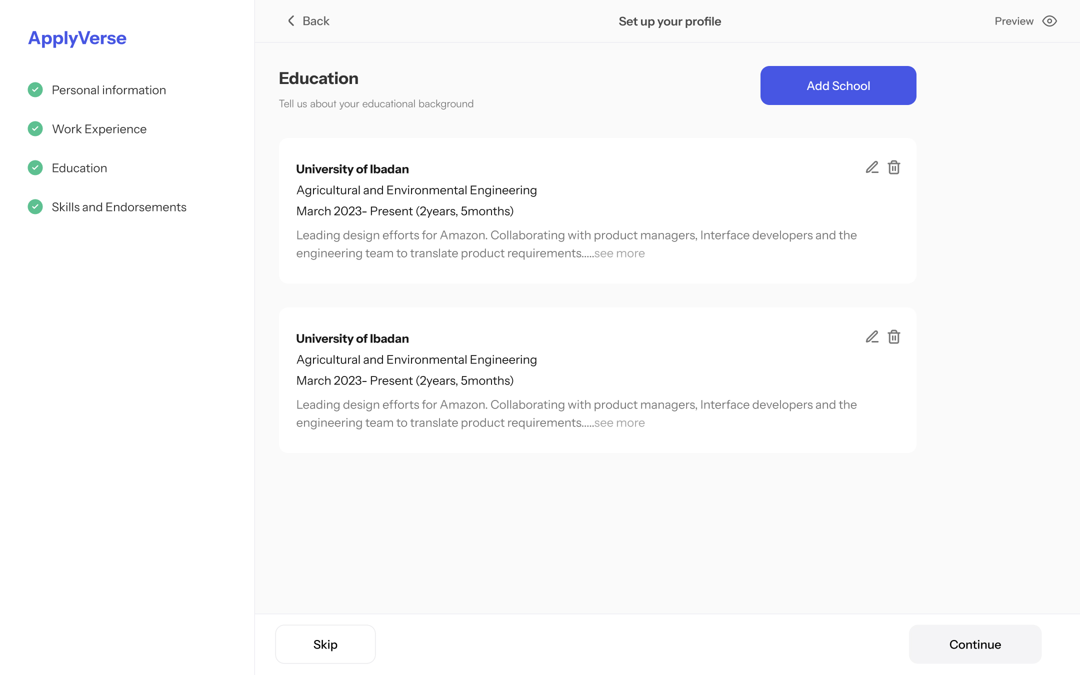 Work history, education and skills — in clean modals – 2