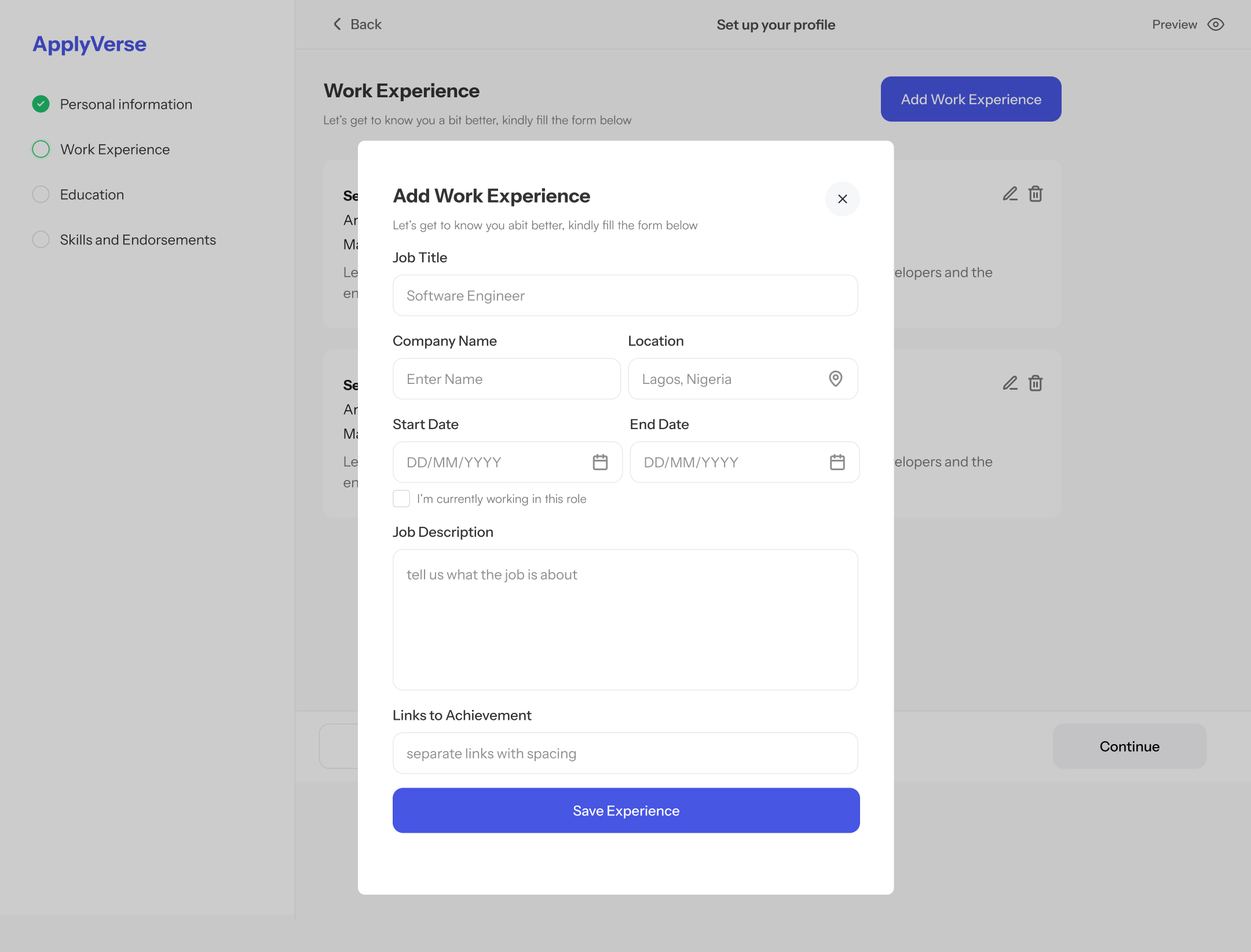 Work history, education and skills — in clean modals – 3