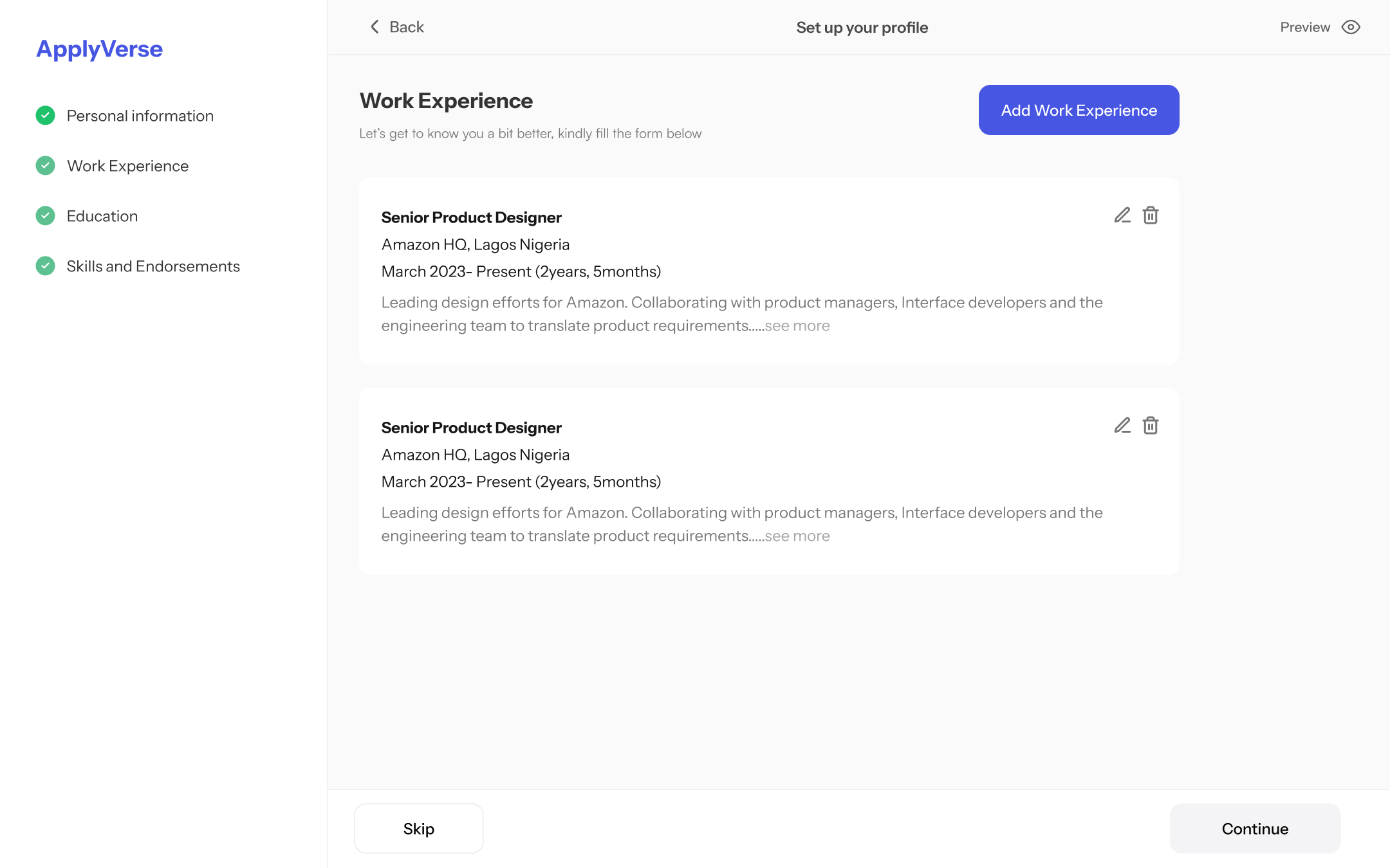 Work history, education and skills — in clean modals – 1
